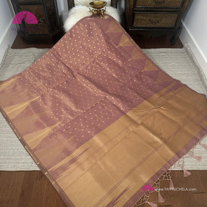 Onion pink Semi Tussar Tissue saree with designer temple border