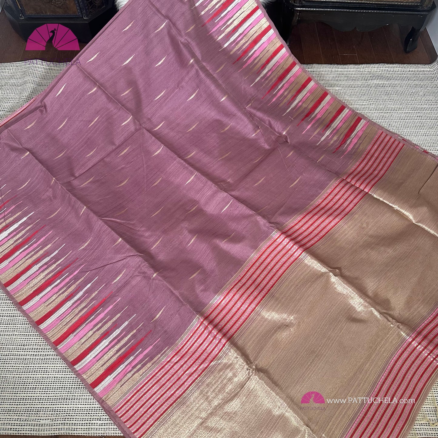 Semi Tussar Silk Saree in onion pink with designer temple borders