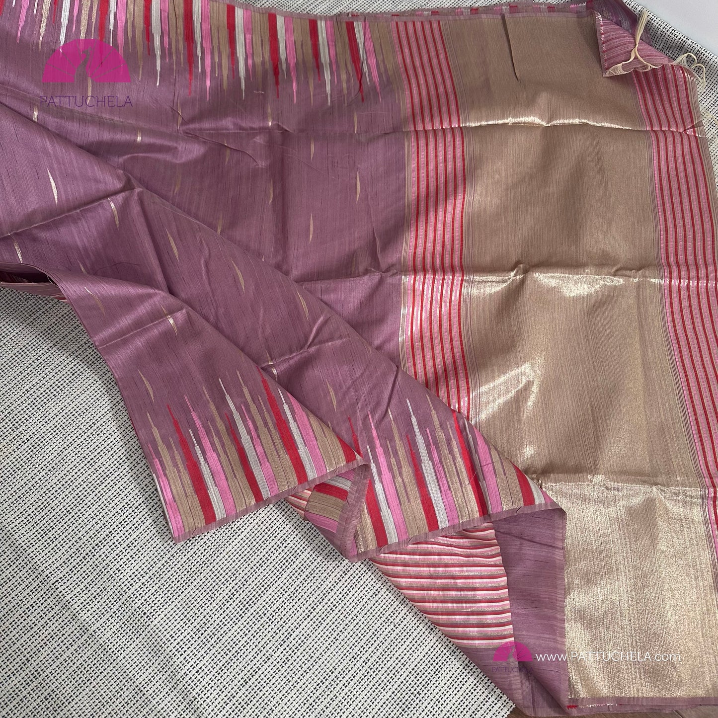 Semi Tussar Silk Saree in onion pink with designer temple borders