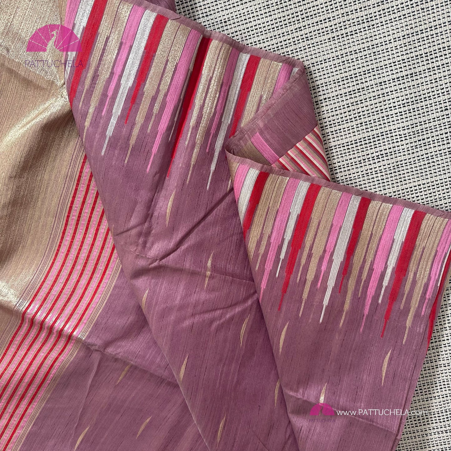 Semi Tussar Silk Saree in onion pink with designer temple borders