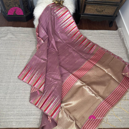 Semi Tussar Silk Saree in onion pink with designer temple borders