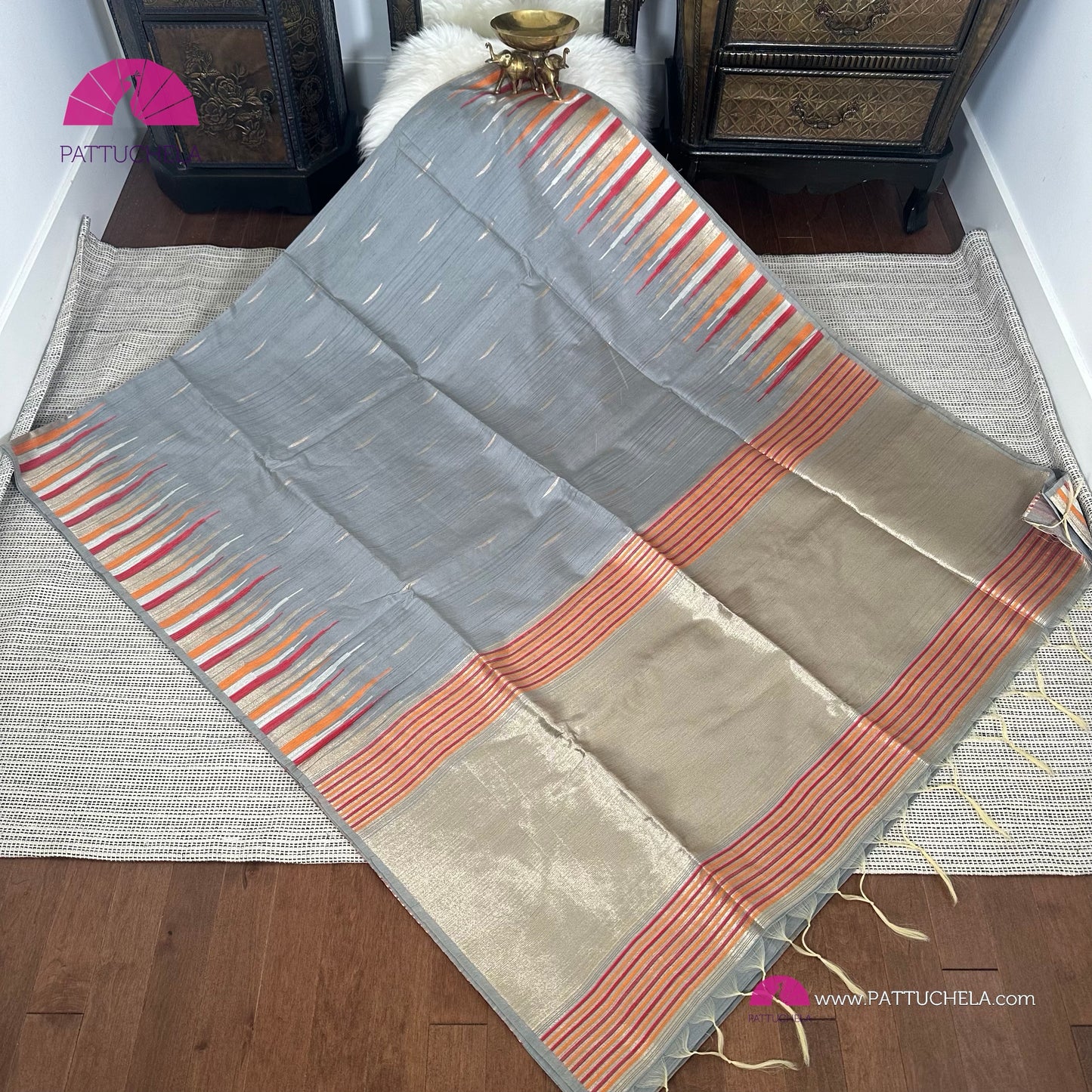 Semi Tussar Silk Saree in grey with designer temple borders