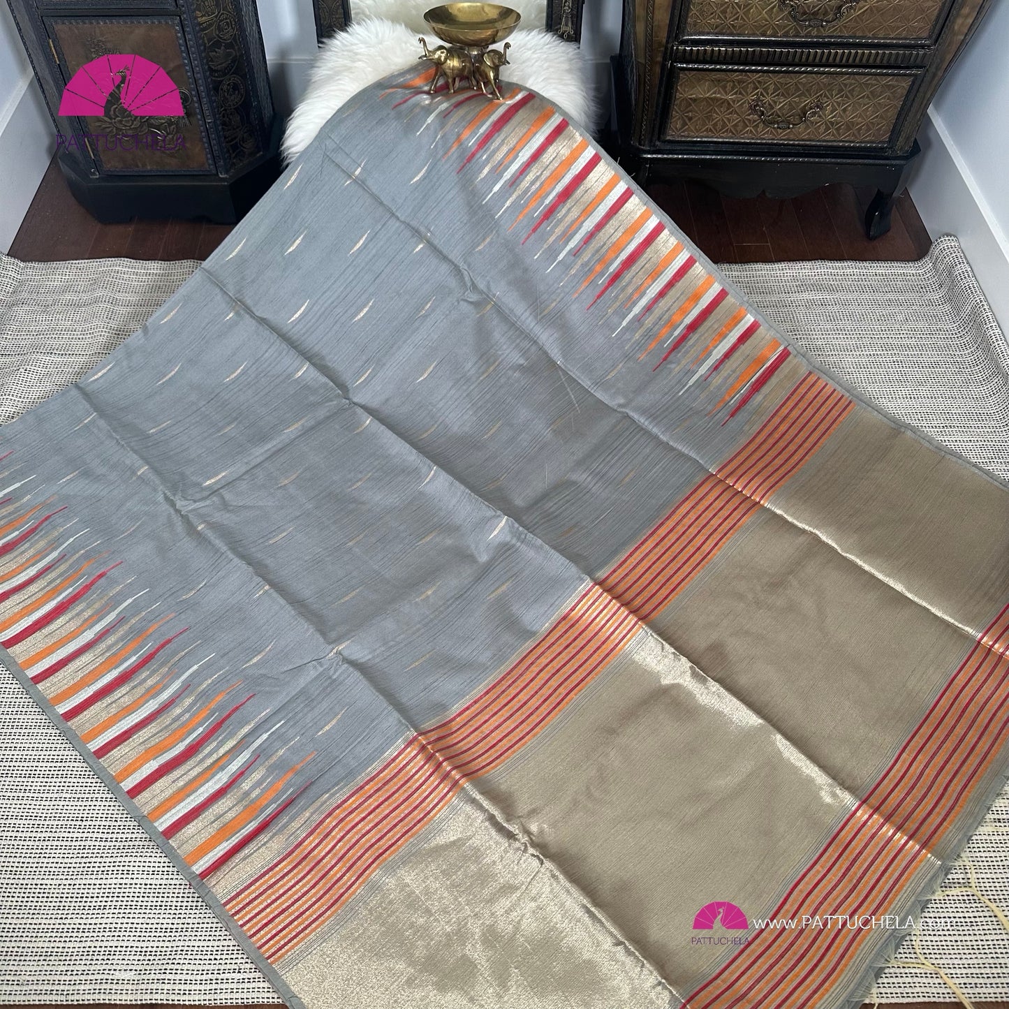 Semi Tussar Silk Saree in grey with designer temple borders