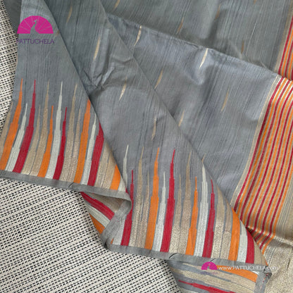 Semi Tussar Silk Saree in grey with designer temple borders