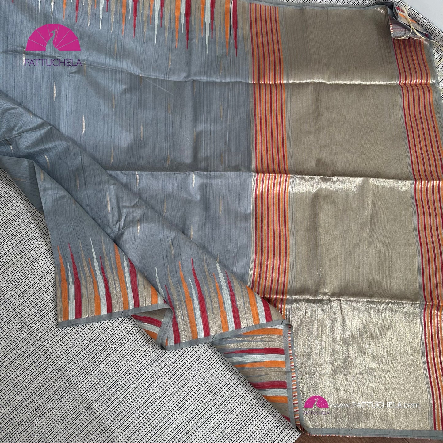 Semi Tussar Silk Saree in grey with designer temple borders