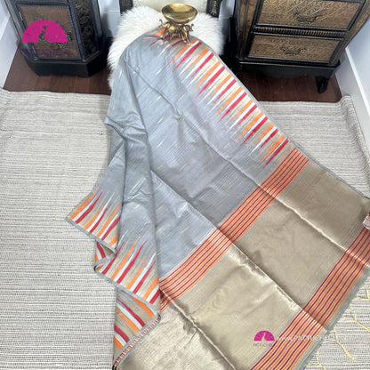 Semi Tussar Silk Saree in grey with designer temple borders