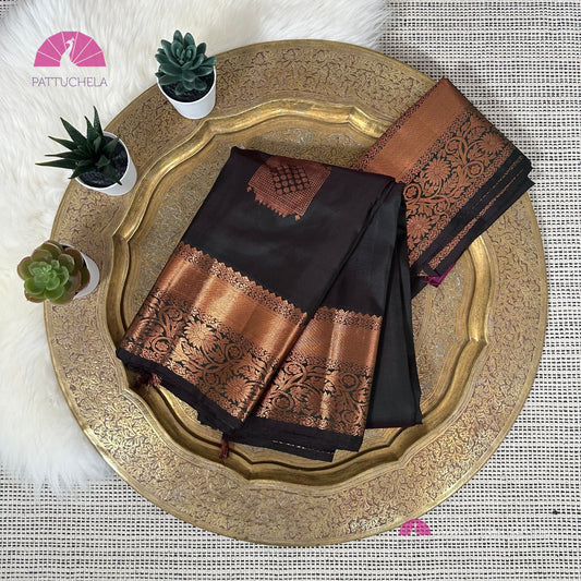 Black Kanchipuram Silk Saree with Copper tone zari borders