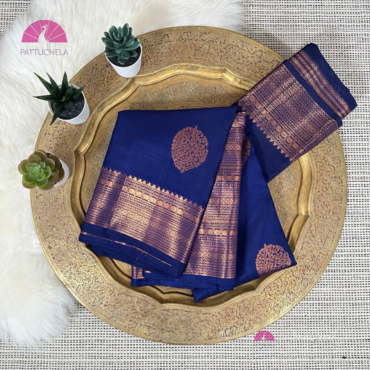 Blue Kanchipuram Handloom SilK MARK CERTIFIED Saree with copper tone zari borders