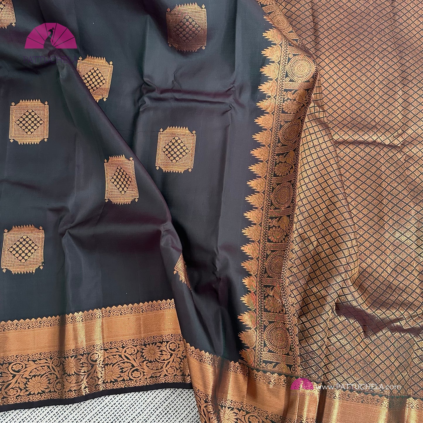 Black Kanchipuram Handloom SilK MARK CERTIFIED Saree with copper tone floral zari borders