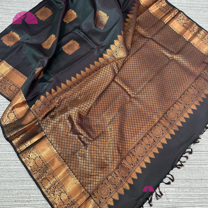 Black Kanchipuram Handloom SilK MARK CERTIFIED Saree with copper tone floral zari borders