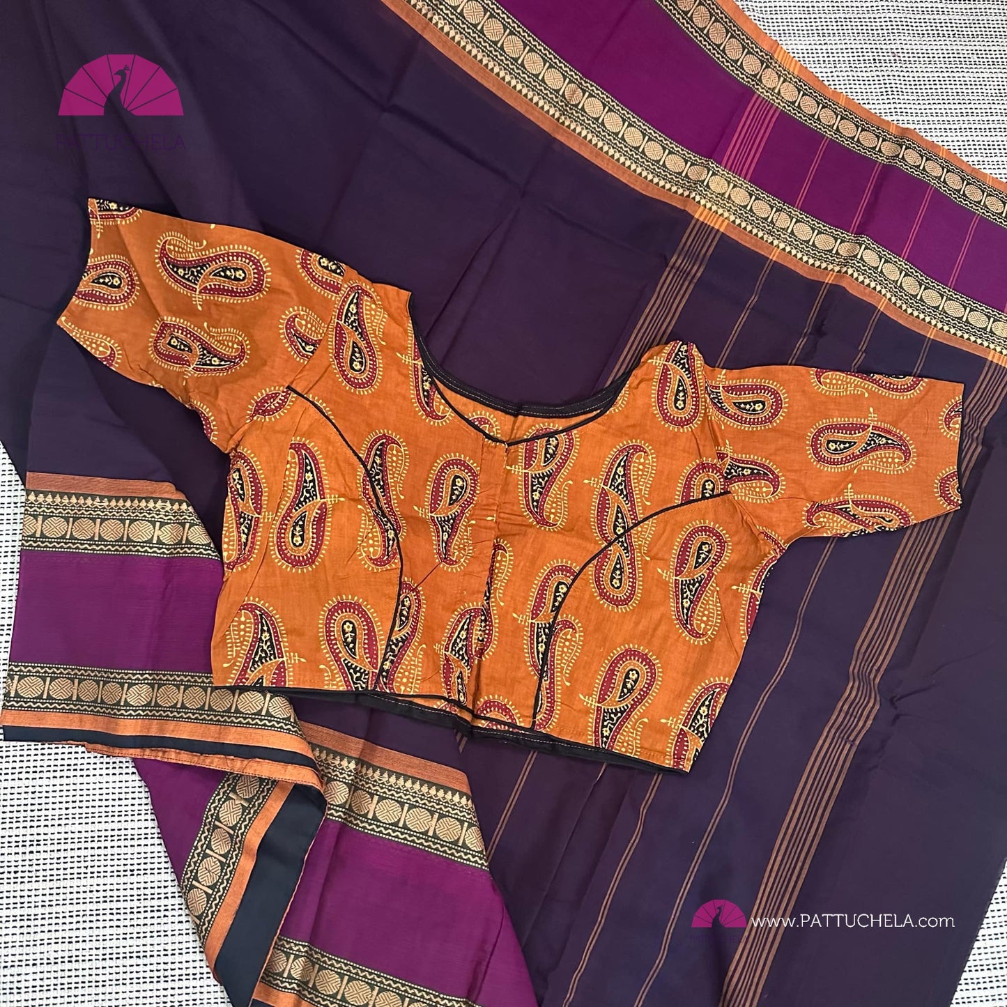 Purple Kanchipuram Cotton Saree with Mustard Stitched blouse | Kanchi Cotton