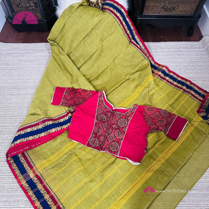 Green Kanchipuram Cotton Saree with Maroon Ajrakh Stitched blouse | Kanchi Cotton (Copy)