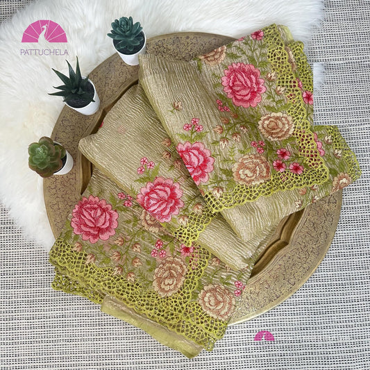 Pastel Green Crush Tissue Saree with embroidery and Cutwork borders