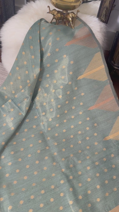 Pastel Green Semi Tussar saree with designer temple borders