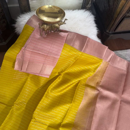 Yellow Kanchipuram Handloom SILK MARK Saree with pink copper Zari Border | Kanjivaram Silks