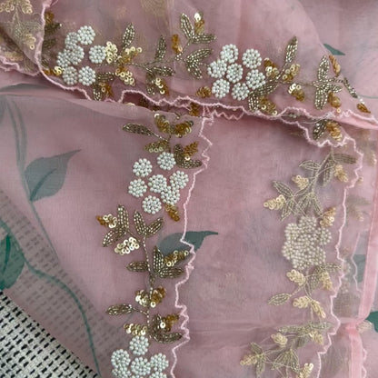 Pastel Peach Pink Organza Silk Hand Painted Saree with Handwork Embroidery | Designer & Party Wear | Organza Silks