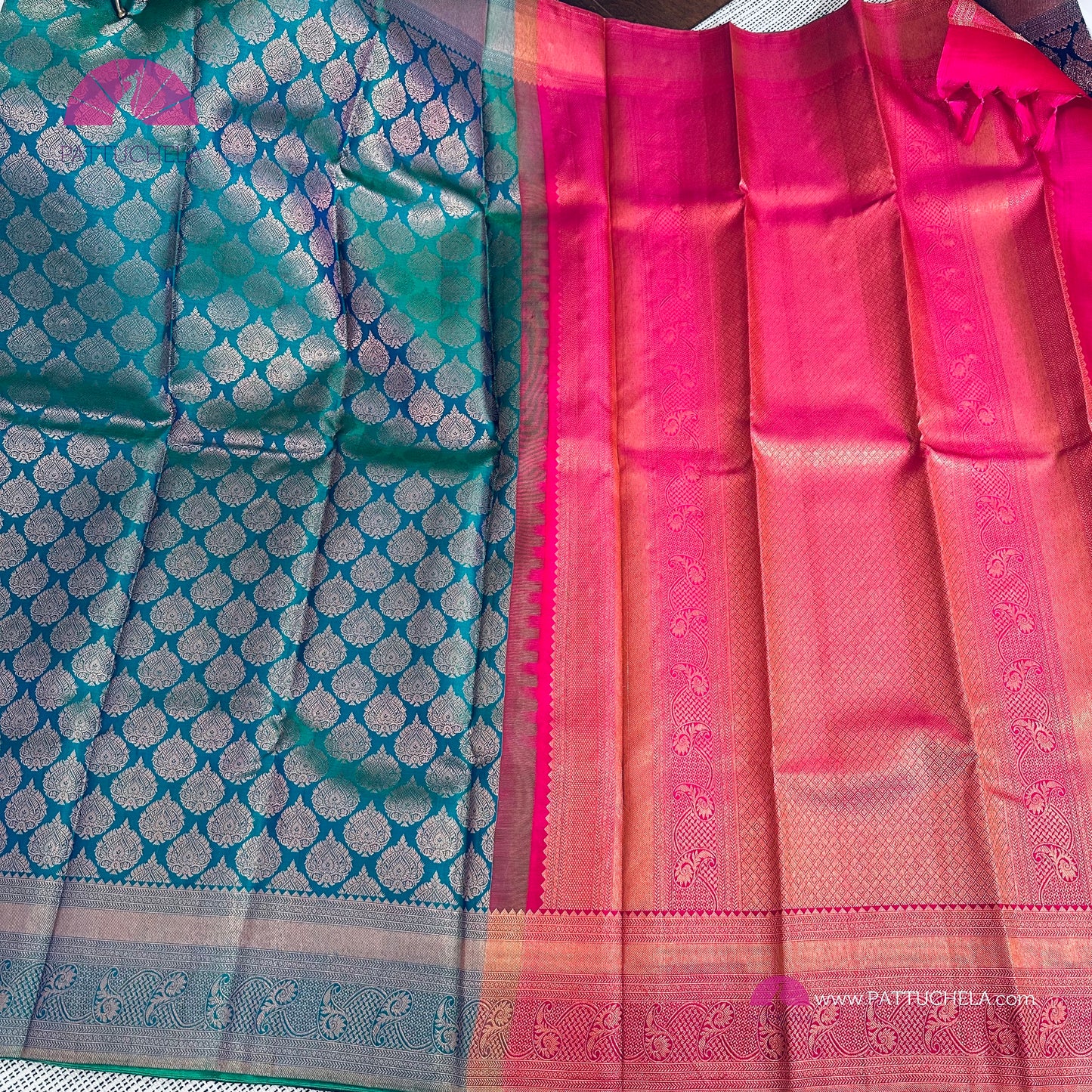 Peacock Blue Kanchipuram Handloom SILK MARK CERTIFIED Saree with brocade weaves