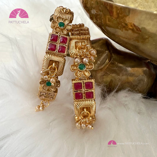 Pair of Gold tone Bangles with multi colour stones and pearls | Stone Bangles | Kada | Pearl Bangles | Indian Jewelry