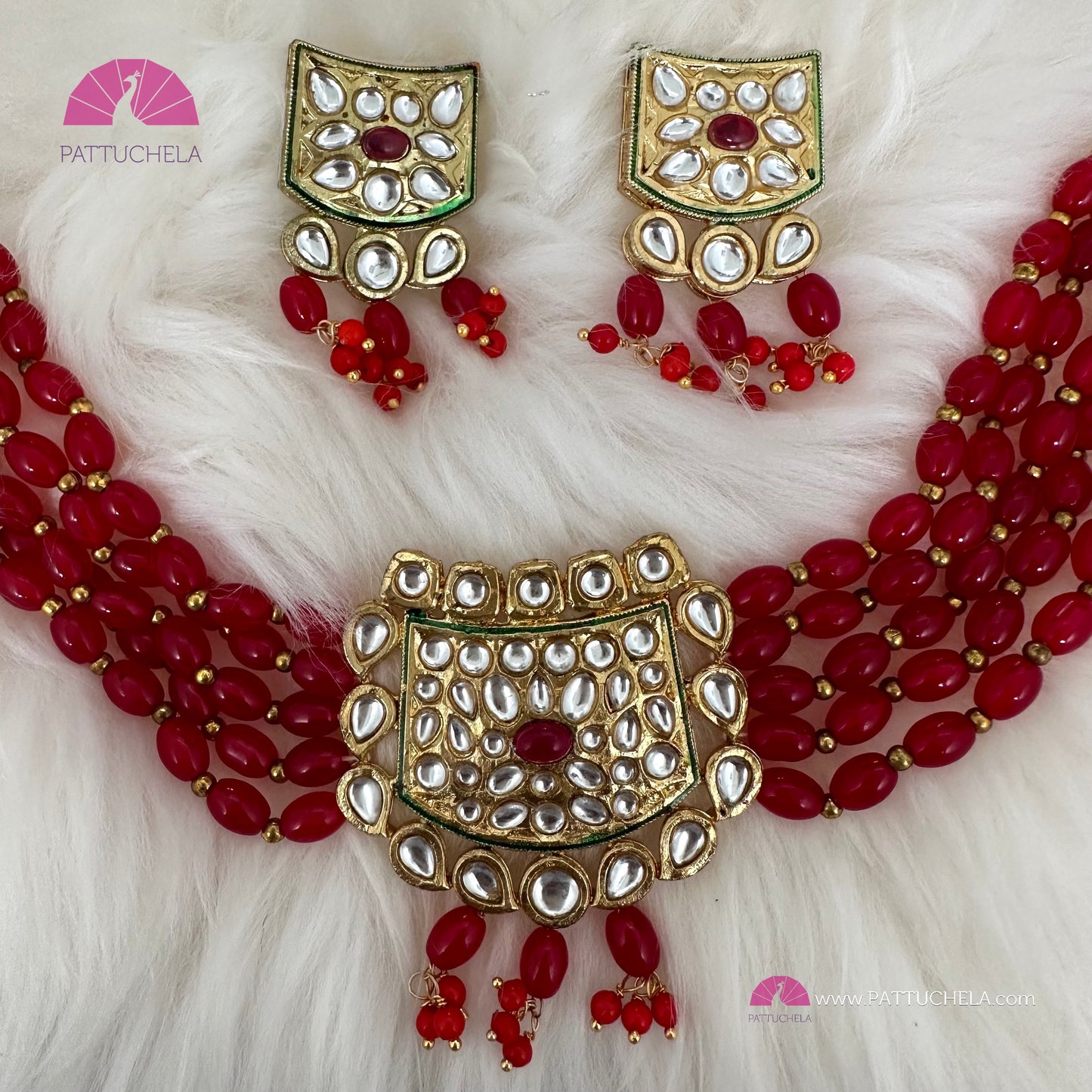Red Beads Choker with Kundan Pendant and Earrings | Kundan Jewelry | Indian Jewelry