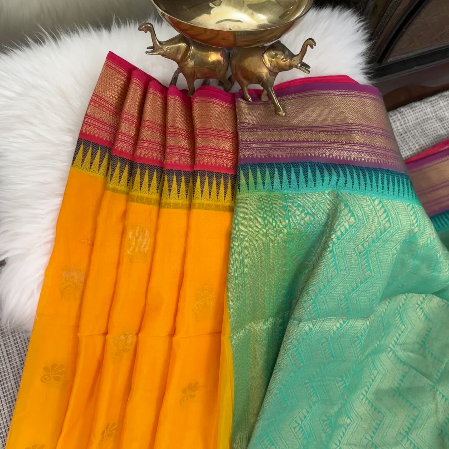 Tan Brown Pure Gadwal Handloom Sico Sarees With Zari Woven Green Border and  Pallu Silk Cotton Sarees Wedding Saree Gadwal Silk - Etsy