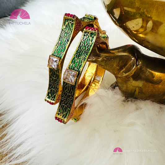 Pair of Gold tone Bangles with multi colour stones and enamels | Stone Bangles | Kada | Pearl Bangles | Indian Jewelry