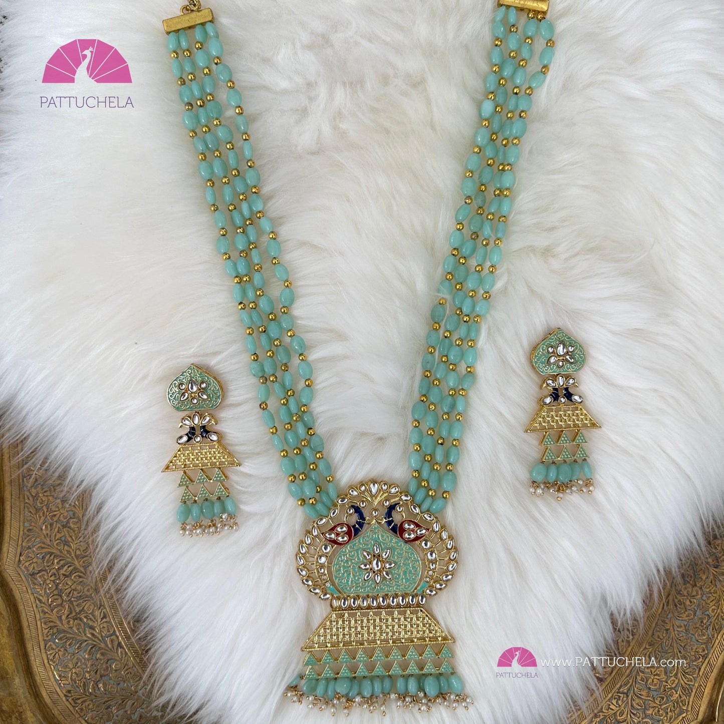 Long beaded necklace Set with Meenakari Kundan Pendant | Bead Mala | Indian Jewelry