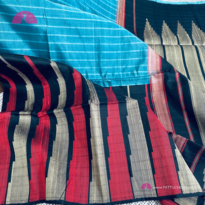 Blue Kanchipuram Half & Half Handloom SILK MARK CERTIFIED Soft Silk Saree with Thread Temple Borders