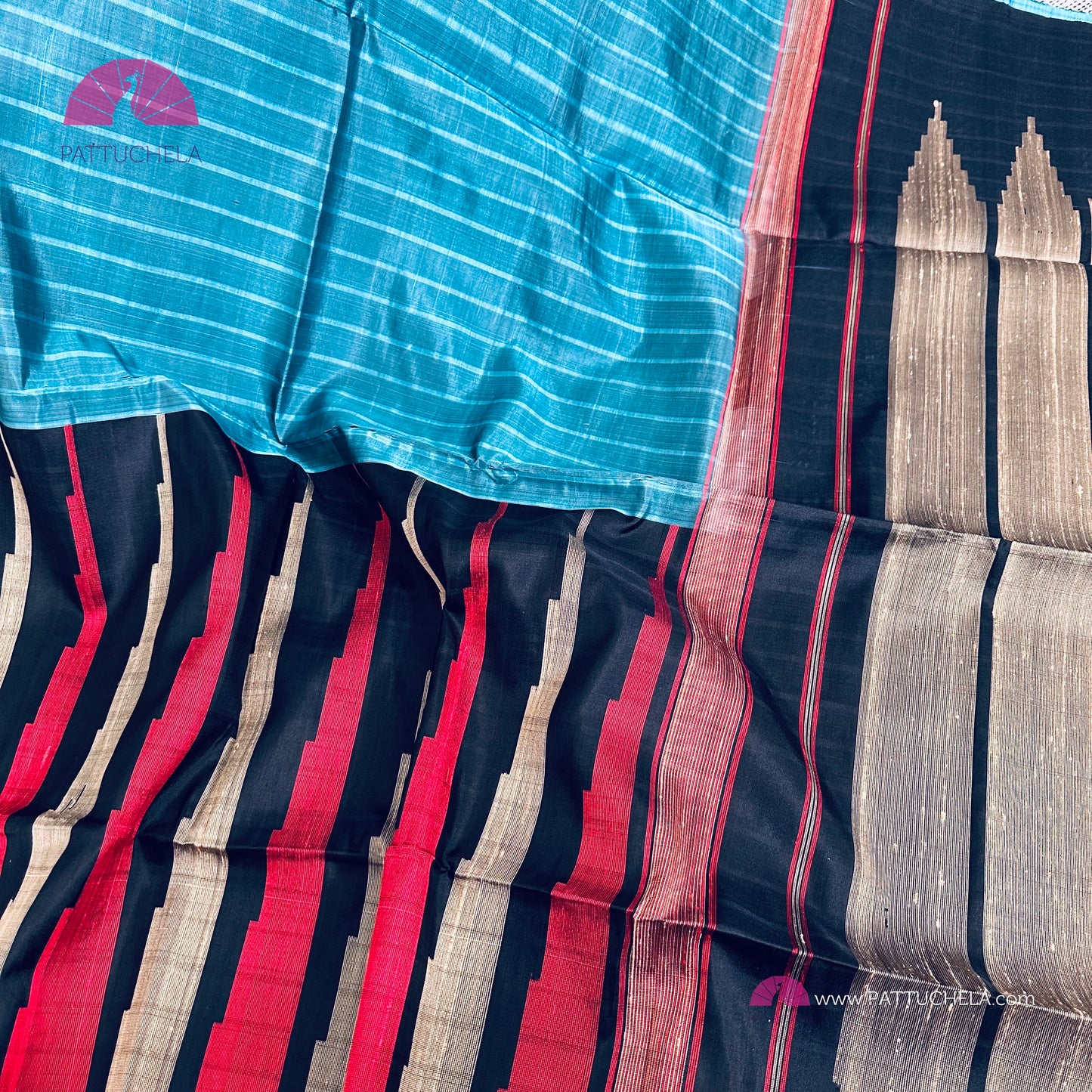 Blue Kanchipuram Half & Half Handloom SILK MARK CERTIFIED Soft Silk Saree with Thread Temple Borders