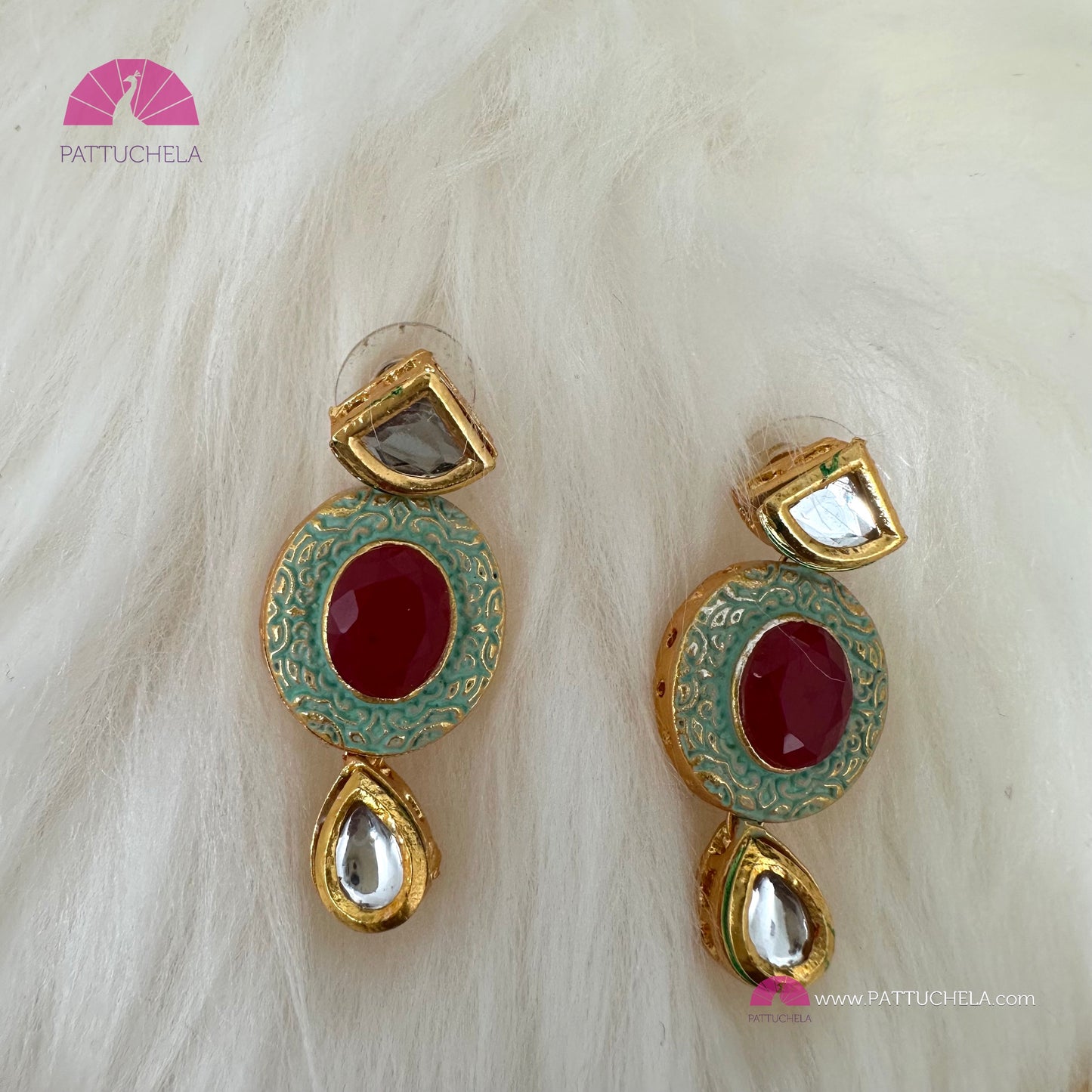 Green Enamel Kundan Chocker Necklace Set with Red Cut Stones | Fancy Jewelry | Indian Jewelry