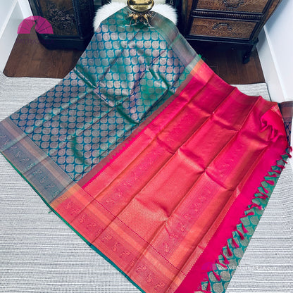 Peacock Blue Kanchipuram Handloom SILK MARK CERTIFIED Saree with brocade weaves