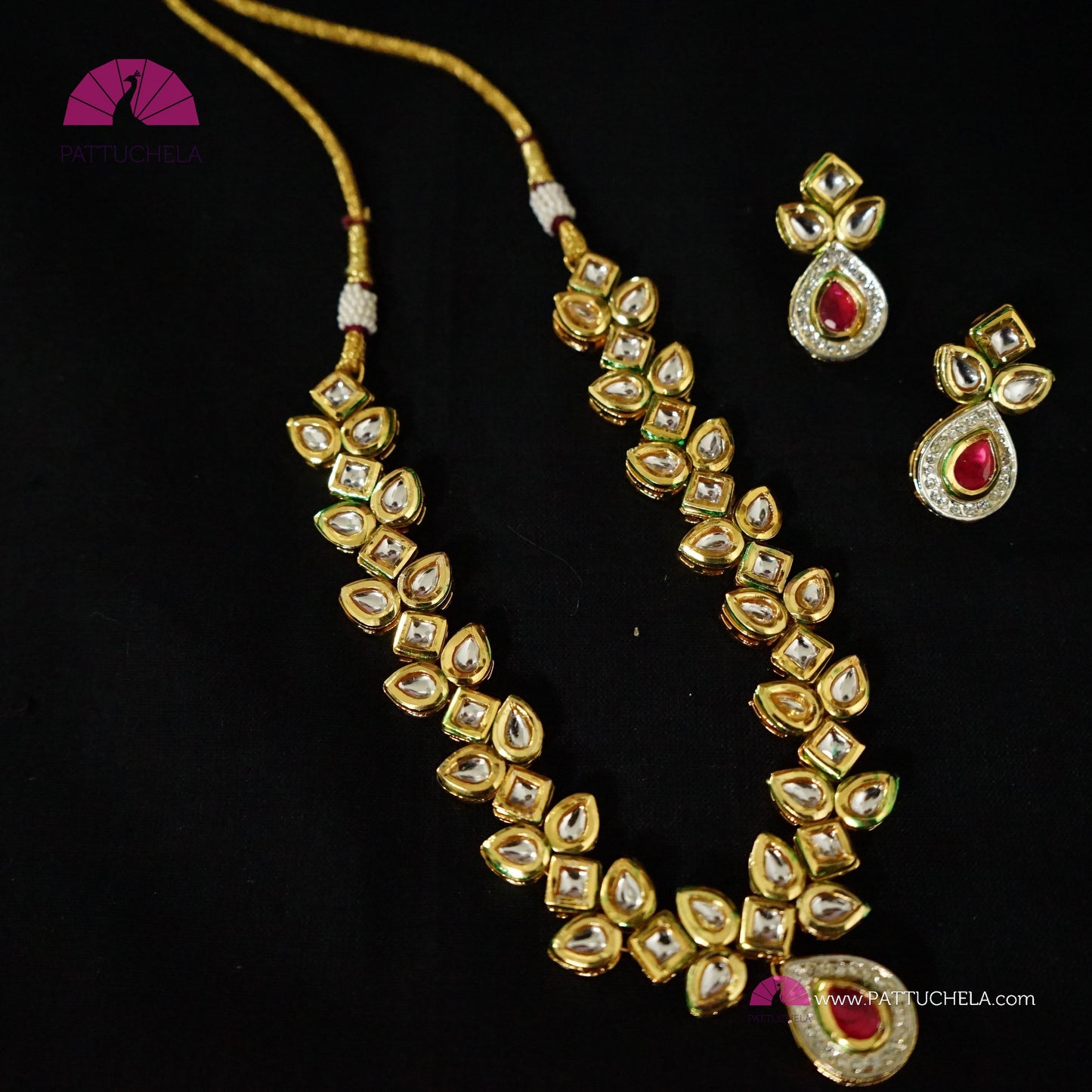 White Kundan Necklace Set with Red Cut Stones and Earrings | Fancy Jewelry | Indian Jewelry
