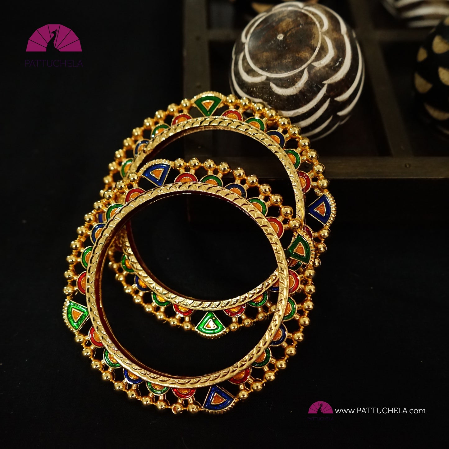 Pair of Gold tone multi colour Enamel Bangles | Gold Bangles | Kada | Floral Bangles | Bead Bangles | Indian Jewelry