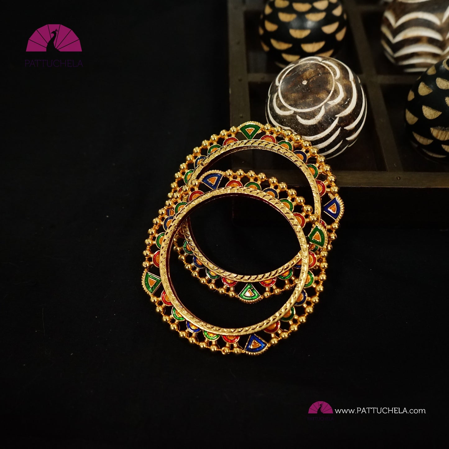 Pair of Gold tone multi colour Enamel Bangles | Gold Bangles | Kada | Floral Bangles | Bead Bangles | Indian Jewelry