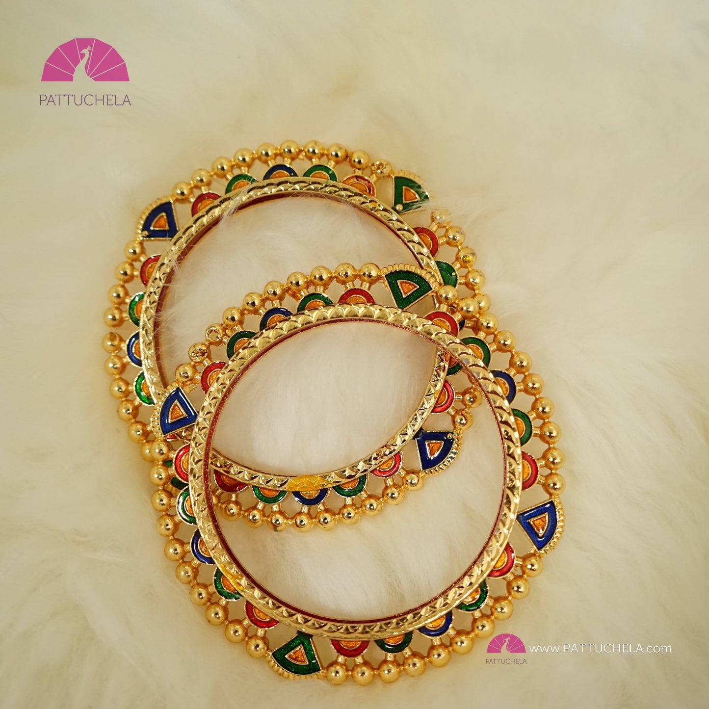 Pair of Gold tone multi colour Enamel Bangles | Gold Bangles | Kada | Floral Bangles | Bead Bangles | Indian Jewelry