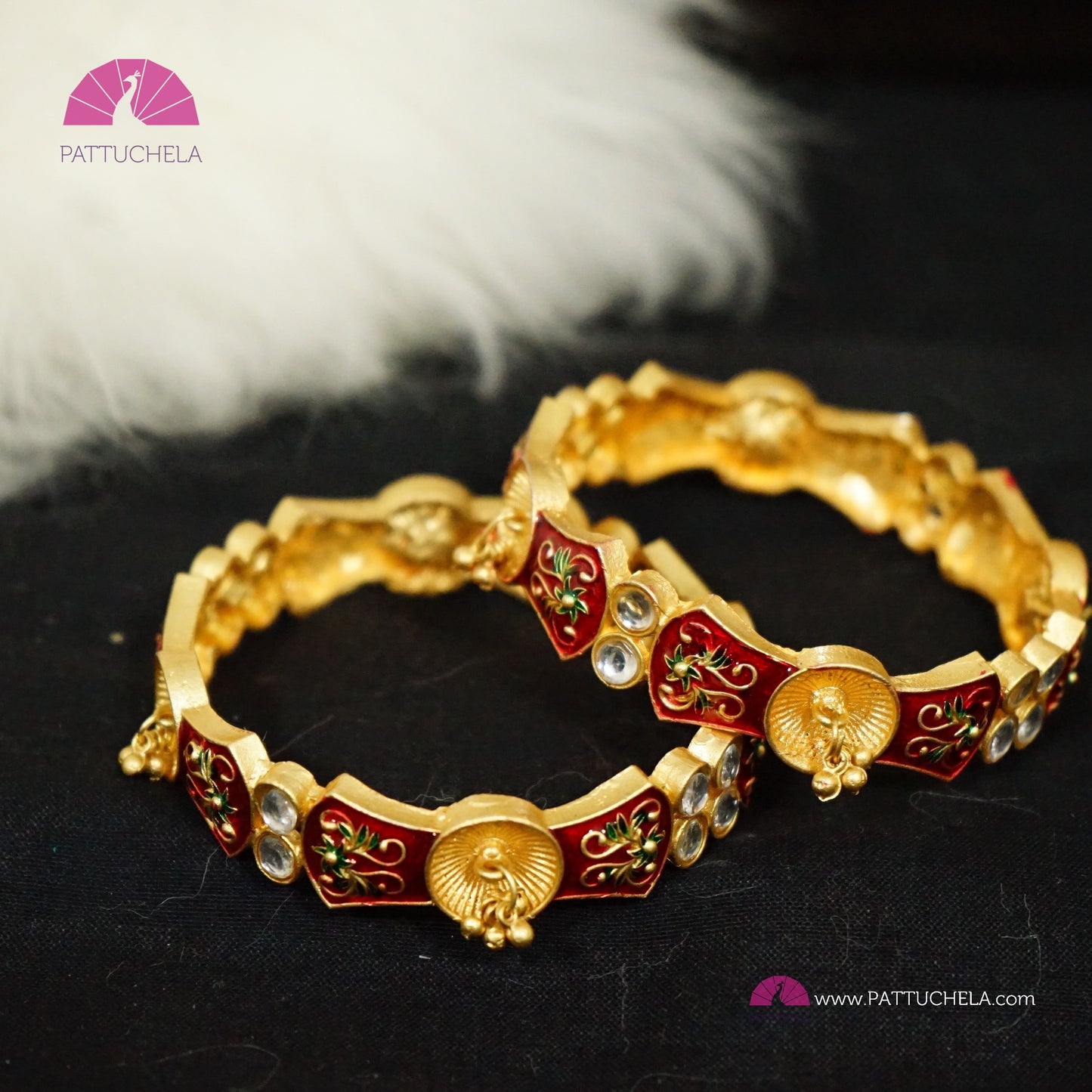 Pair of Gold tone Bangles with white colour stones and enamels | Stone Bangles | Kada | Enamel Bangles | Indian Jewelry |