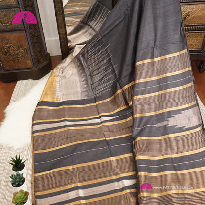 Dark Charcoal Grey Pure Khadi Raw Silk Saree with Unique Border in Gold and Silver Accent Tones| Statement Saree | Light Weight Saree | SILK MARK CERTIFIED | PattuChela Silks