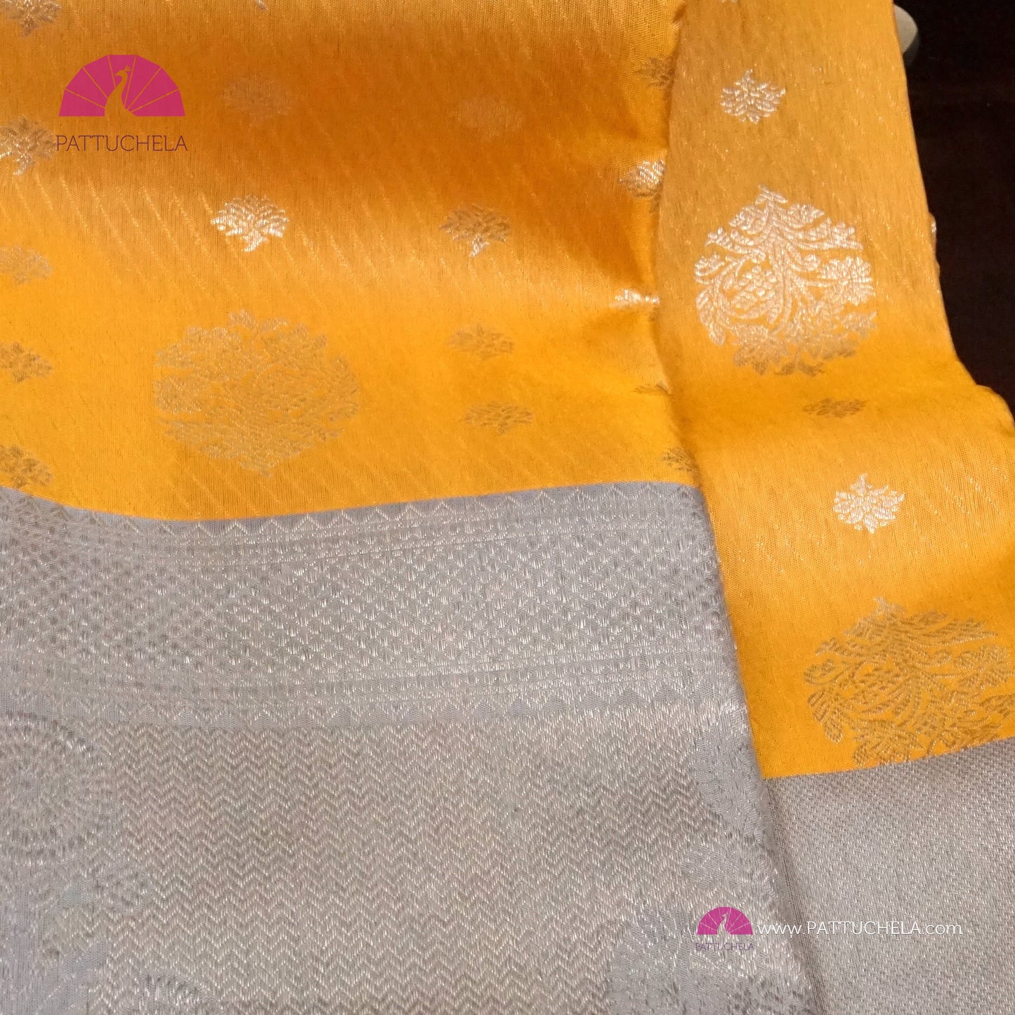 Sunflower Yellow Pure Kanchipuram Handloom SILK MARK CERTIFIED Saree with 1 gram pure Silver Zari weaves.