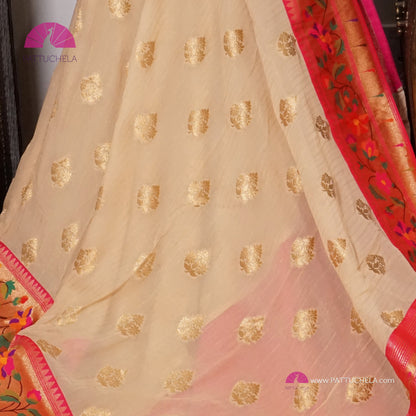 Cream Banarasi Georgette Silk Handwoven Saree with Pink Floral Paithani Borders