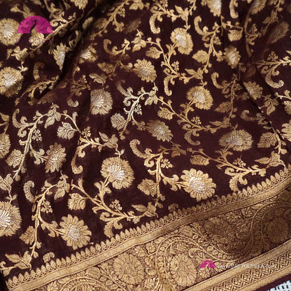 Gorgeous Khaddi Banarasi Georgette Silk handwoven Saree in Coffee Brown Color