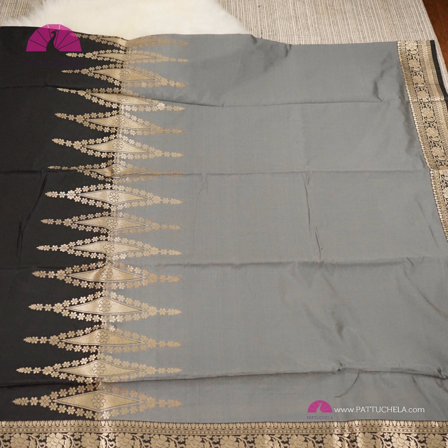 Gray and Black with Antique Gold Banarasi Soft Silk Saree