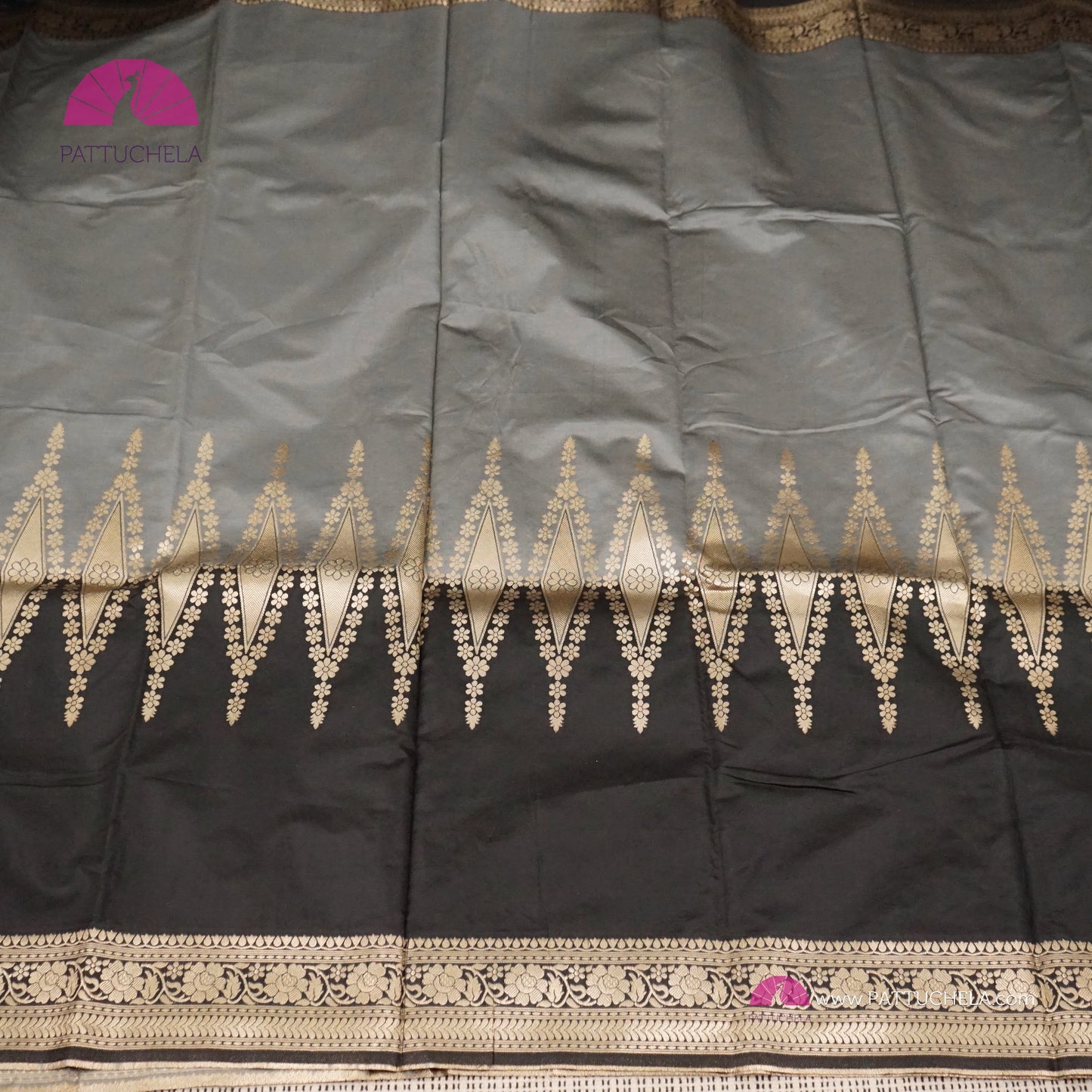 Gray and Black with Antique Gold Banarasi Soft Silk Saree