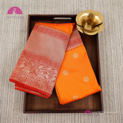 Pure Banarasi Munga Handwoven Soft Silk Saree in Fiery Orange with Red combo