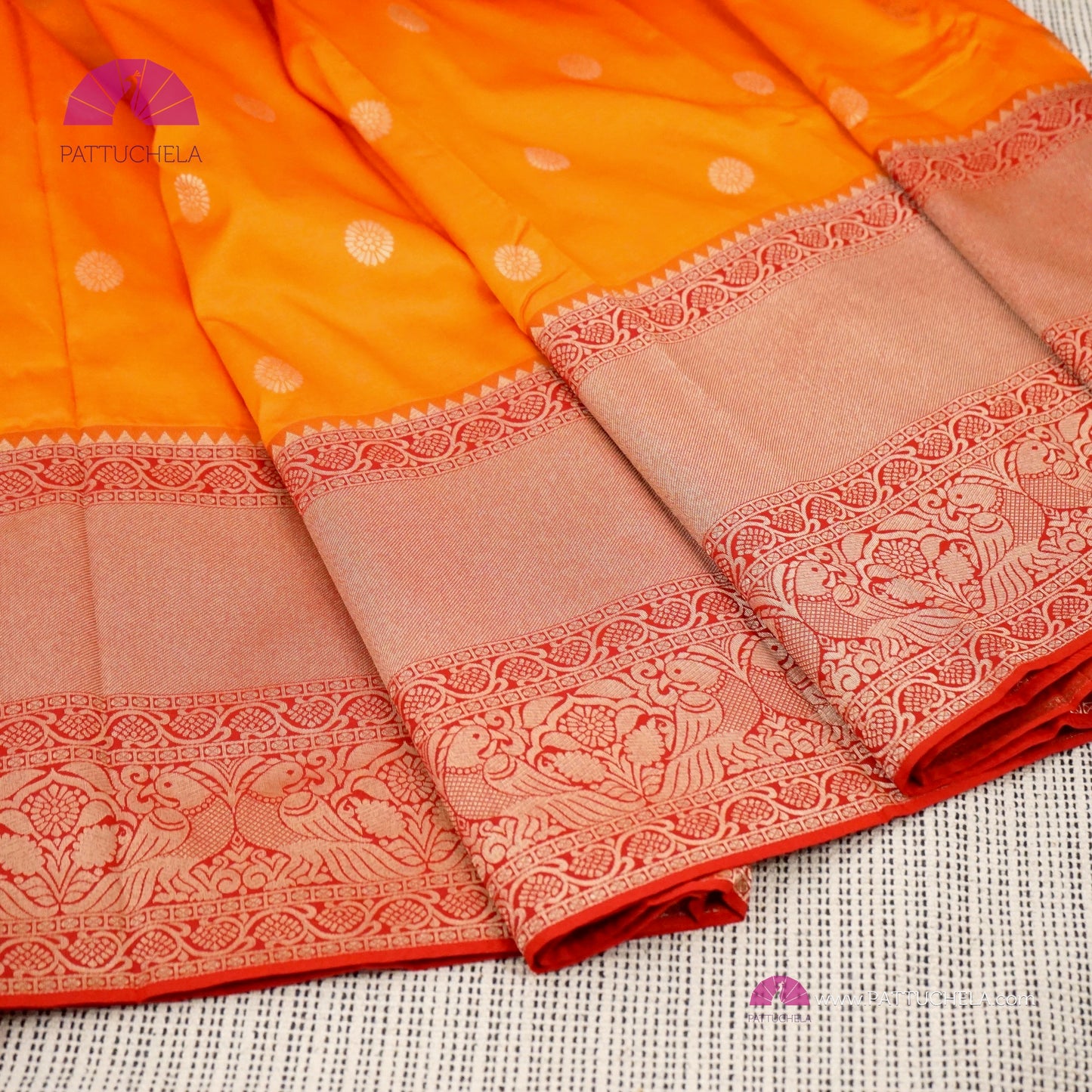 Pure Banarasi Munga Handwoven Soft Silk Saree in Fiery Orange with Red combo