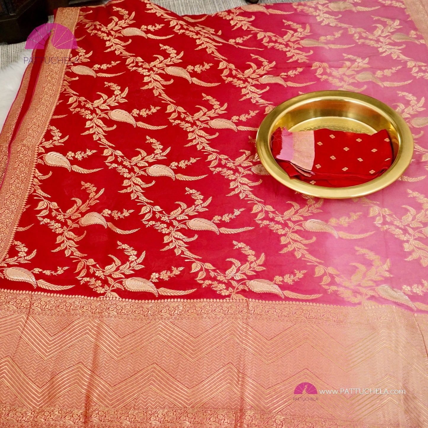 Pink and Red Ombre Banarasi Georgette Soft Silk Jaal handwoven Saree