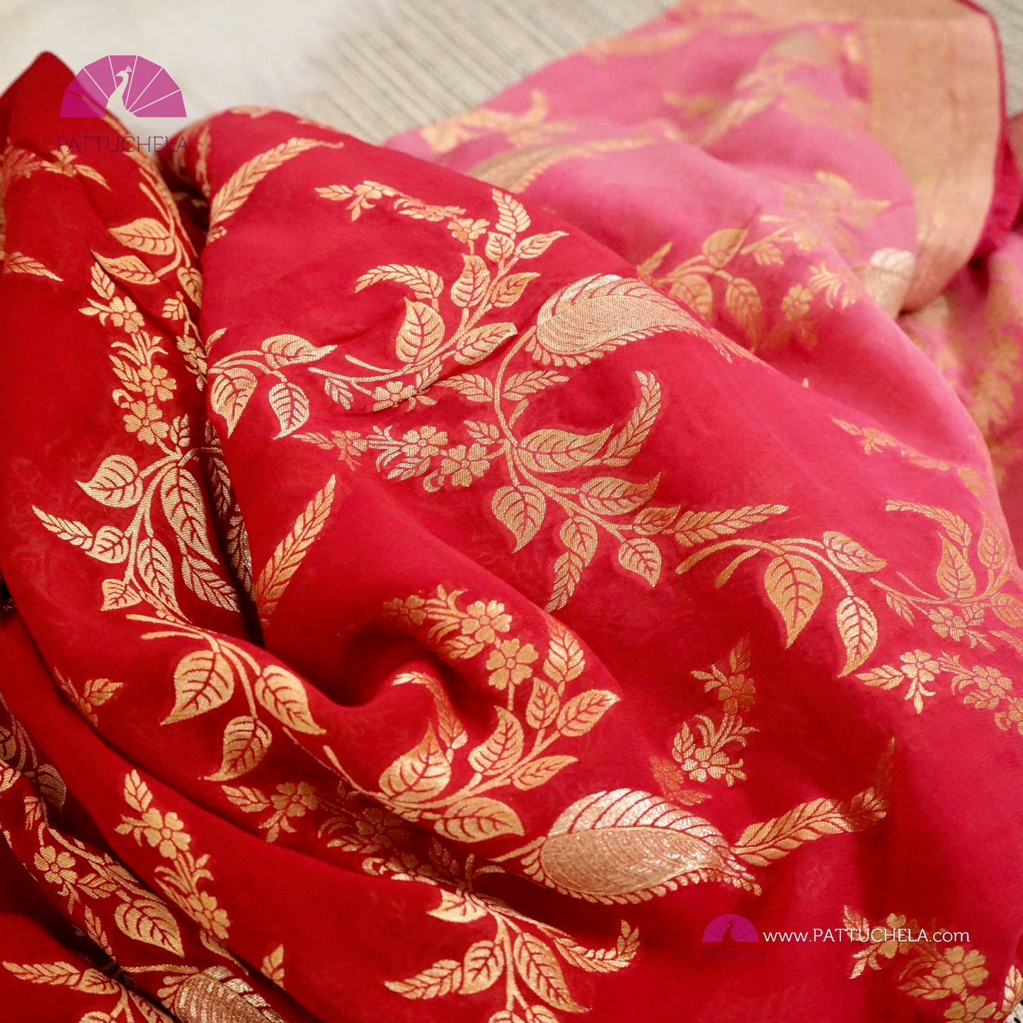 Pink and Red Ombre Banarasi Georgette Soft Silk Jaal handwoven Saree