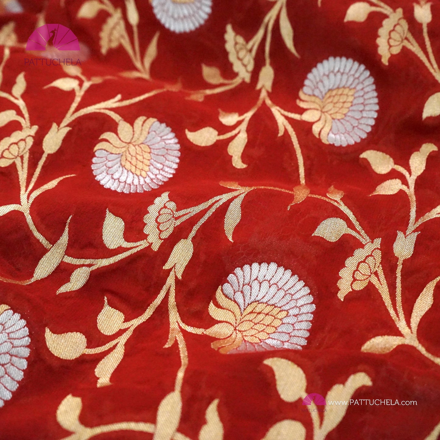 Gorgeous Banarasi Georgette Silk Saree in Red Color with Sona Rupa Jaal weaves
