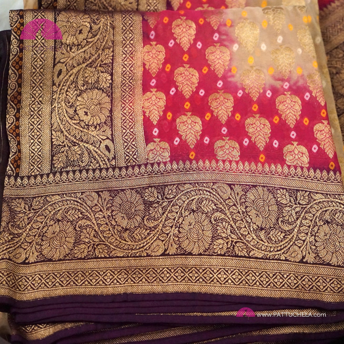 Pink Purple and Cream Ombre Shaded Banarasi Georgette Silk handwoven Saree