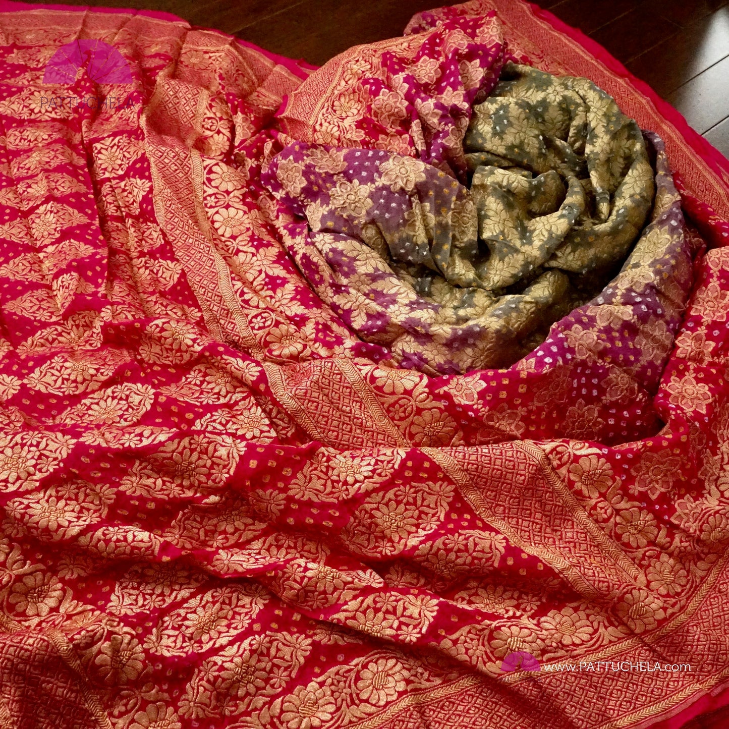 Pink Purple and Olive combo Khaddi Banarasi Georgette Silk Saree with Bandej Weaves