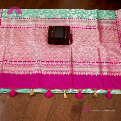 Pure Banarasi Katan Jaal Jangala Handwoven Silk in Turquoise and Pink