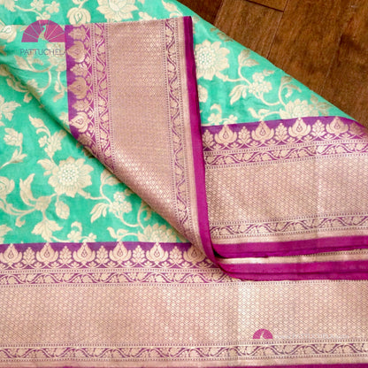 Pure Banarasi Katan Jaal Jangala Handwoven Silk in Turquoise and Pink